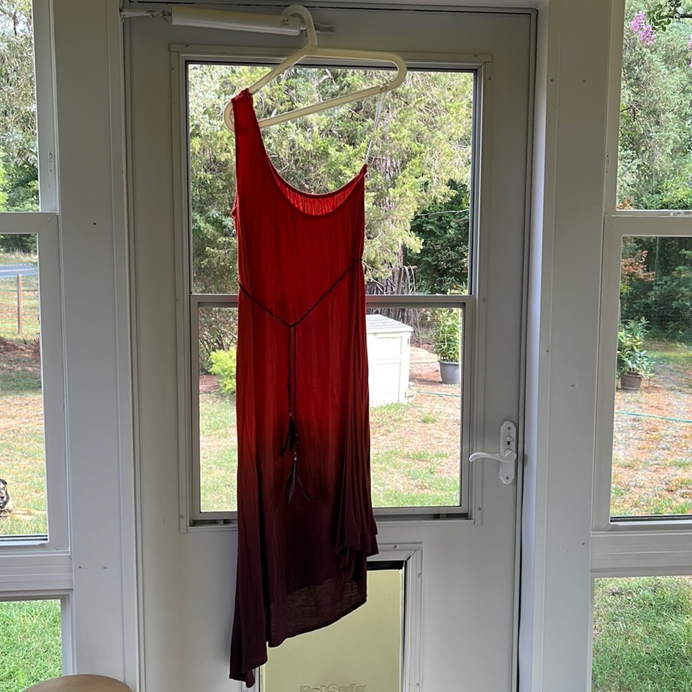 Jessica Simpson one shoulder asymmetrical dress orange fading to brown with belt